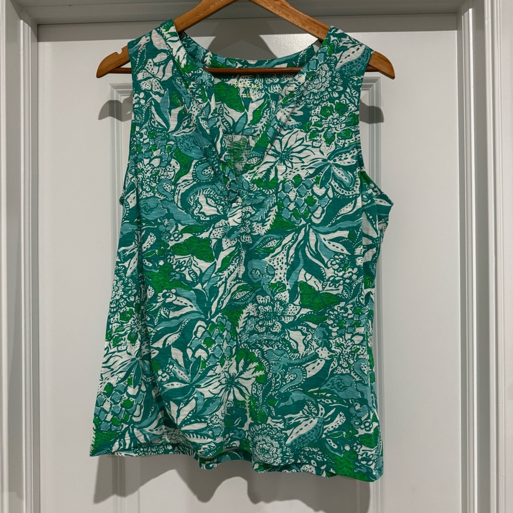 Lilly Pulitzer Dev Tank Top Tropical Floral Cotton Sleeveless Popover Blouse L